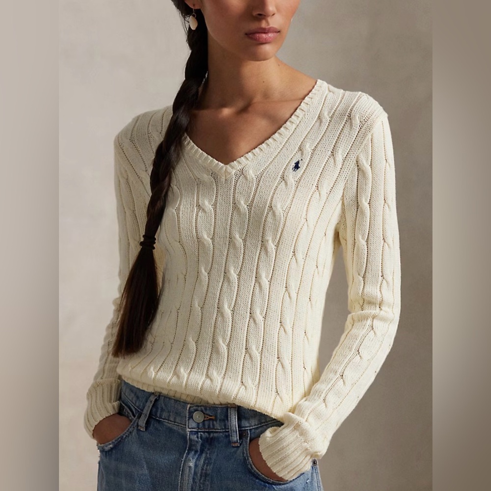 polo ralph lauren cable-knit cotton v-neck sweater – cream – size XL